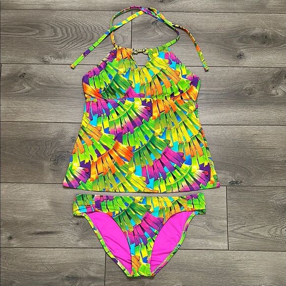 Trina Turk Polynesian Palms Two Piece Tankini Hipster Bottoms Multicolor *Size 8 - Picture 2 of 15
